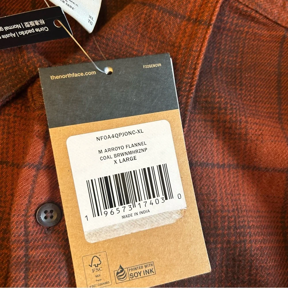 THE NORTH FACE Men's Arroyo Flannel Shirt, Coal Brown Plaid, XL New